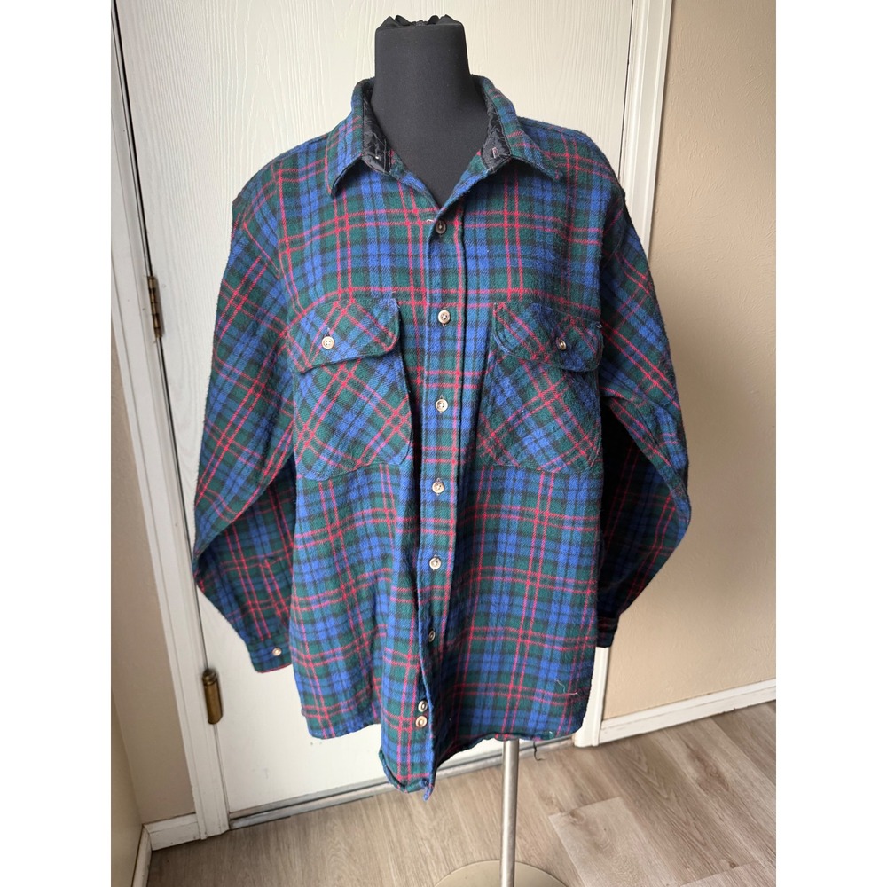 Field & Stream Mens XL Tall Blue Green Red Plaid Cotton Flannel Button Down